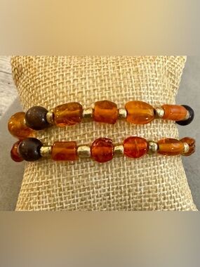 Amber Colored Glass Bead Stretch Bracelets with Gold and Brown Beads - Set of 2
